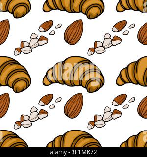 Seamless vector pattern with delicious almond croissants and chopped nuts for bakery background Stock Vector