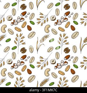 Seamless vector pattern with hand-drawn oats, nuts, and wheat stalks on a white background Stock Vector