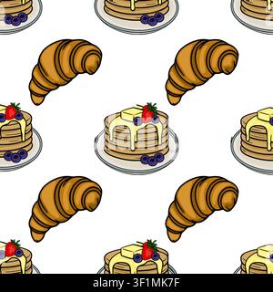 Seamless vector pattern with delicious breakfast pancakes and croissants Stock Vector
