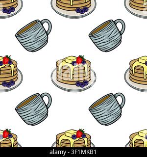 Seamless vector pattern with breakfast pancakes and coffee mugs, featuring delicious syrup, fresh strawberries, and blueberries on a white background. Stock Vector