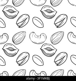 Seamless vector pattern with hand drawn black and white nuts including almonds and cashews Stock Vector