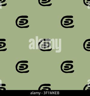 Seamless vector pattern with minimalist hand-drawn black abstract spiral shapes on a sage green background Stock Vector