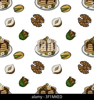Seamless vector pattern with pancakes and nuts including walnuts, pistachios and hazelnuts Stock Vector