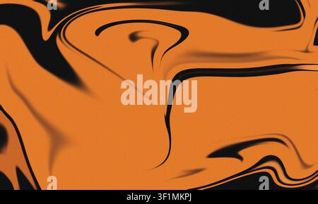 Abstract liquid marble background with swirling orange and black fluid paint waves and a subtle grain texture. Stock Vector