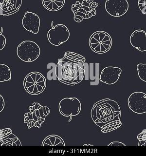 Honey jar and fruits black and white seamless pattern. Oranges and lemons line art wallpaper. Ginger and apple hand drawn background Stock Vector