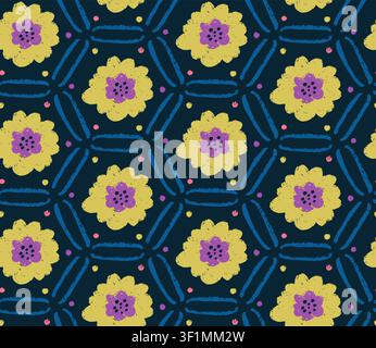 Folk seamless pattern with hand drawn abstract yellow flowers inside geometric hexagons. Modern botanical cottagecore design with artistic brush Stock Vector