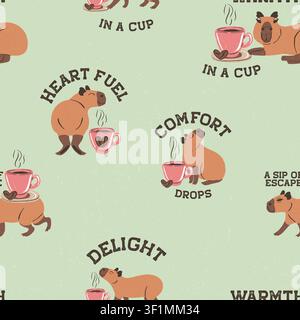 Seamless pattern of cute funny capybaras with cup of cappuccino coffee and inspirational quotes on sage green textured background Stock Vector