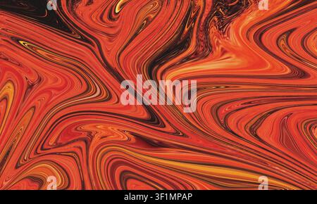 Abstract liquid marble painting texture background with swirling red, orange, and black acrylic fluid paint waves. Stock Vector