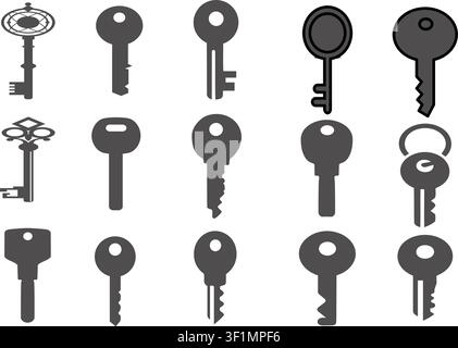 Set of fifteen gray and black key icons including vintage skeleton keys and modern house keys on a white background. Stock Vector
