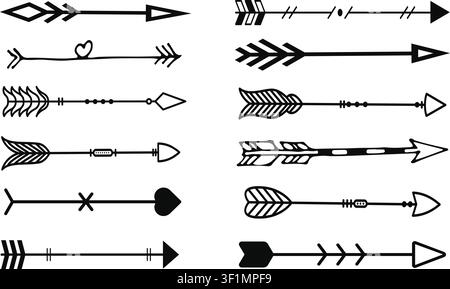 Set of twelve black hand-drawn tribal arrows with various decorative shafts, feathers, and tips isolated on a white background. Stock Vector