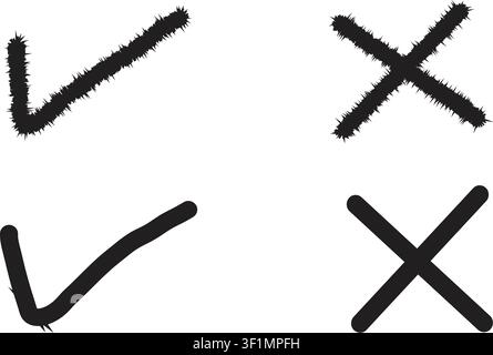 Set of black check marks and cross icons with textured, fuzzy, and smooth strokes isolated on a white background. Stock Vector