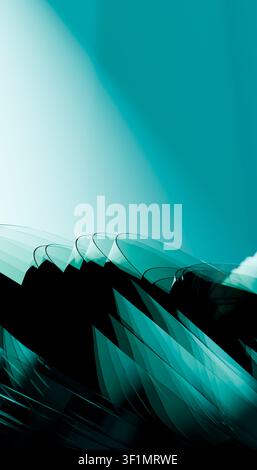 Abstract 3D render of greenish crystal-like shards and translucent glass layers forming dynamic spikes over a soft teal gradient background, modern fu Stock Photo