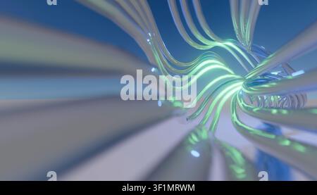 Abstract 3D render of glowing green and blue fiber optic strands curving through a smooth futuristic tunnel, creating dynamic motion, depth, and a hig Stock Photo