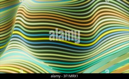 Abstract background of flowing wavy stripes in green, teal, yellow, and orange tones, creating a smooth layered pattern with soft light and a modern r Stock Photo