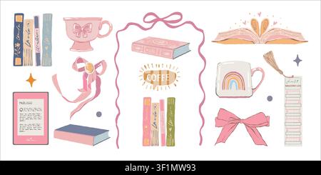 Bookstore elements. Literary works, books, e-book, spines, stacks of books, bookshelf, coffee mugs, bows. Cartoon-style vector set . Flat-style book-themed clipart collection. Vector illustration Stock Vector