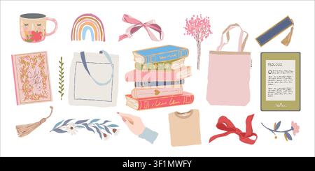 Bookstore elements. Literary works, books, e-book, tote bag, flowers, hand, bows. Cartoon-style vector set (stock vector). Flat-style book-themed clipart collection. Vector illustration Stock Vector