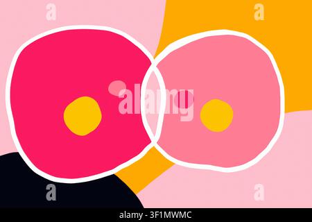 A vibrant abstract artwork featuring intersecting pink circles outlined in white, set against colorful geometric backgrounds in shades of yellow, blac Stock Photo