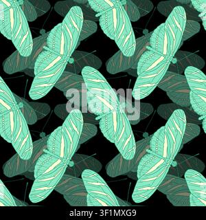 Layered seamless pattern with hand-drawn mint green zebra longwing butterflies on a dark black background. Bold tropical insect botanical art illustra Stock Vector