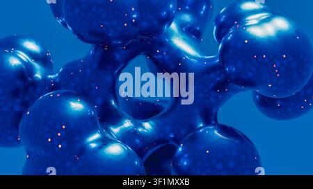 Blue molecular structure displays various shapes and connections in a detailed network. Focus is on the smooth surface and interconnected forms. Stock Photo