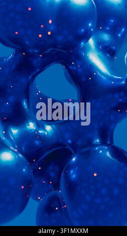 Blue molecular structure displays various shapes and connections in a detailed network. Focus is on the smooth surface and interconnected forms. Stock Photo