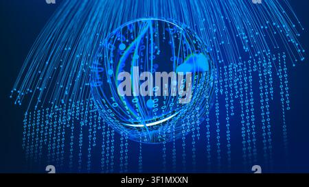A digital representation shows a sphere made of binary code with streams of data falling. This setting highlights technology and data. Stock Photo