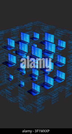Multiple laptops with code on screens float in a digital environment, highlighting network technology. The scene shows a tech-inspired concept. Stock Photo
