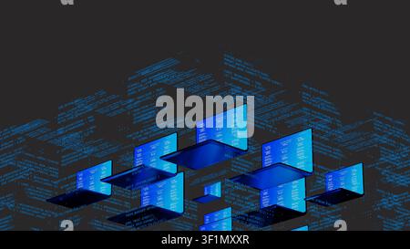 Multiple laptops with code on screens float in a digital environment, highlighting network technology. The scene shows a tech-inspired concept. Stock Photo