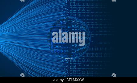 A digital representation shows a sphere made of binary code with streams of data falling. This setting highlights technology and data. Stock Photo