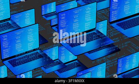 Multiple laptops with code on screens float in a digital environment, highlighting network technology. The scene shows a tech-inspired concept. Stock Photo
