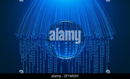 A digital representation shows a sphere made of binary code with streams of data falling. This setting highlights technology and data. Stock Photo