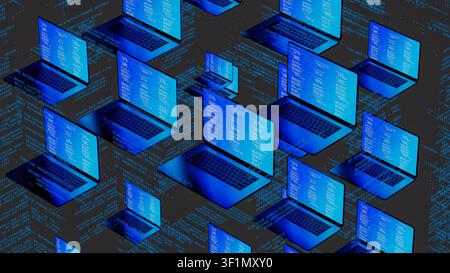 Multiple laptops with code on screens float in a digital environment, highlighting network technology. The scene shows a tech-inspired concept. Stock Photo