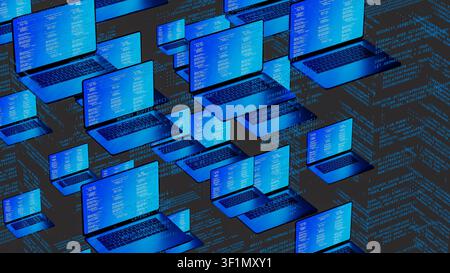 Multiple laptops with code on screens float in a digital environment, highlighting network technology. The scene shows a tech-inspired concept. Stock Photo