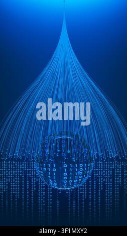 A digital representation shows a sphere made of binary code with streams of data falling. This setting highlights technology and data. Stock Photo