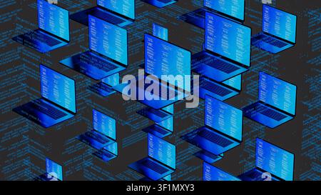 Multiple laptops with code on screens float in a digital environment, highlighting network technology. The scene shows a tech-inspired concept. Stock Photo