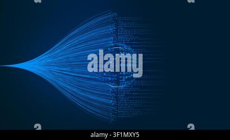 A digital representation shows a sphere made of binary code with streams of data falling. This setting highlights technology and data. Stock Photo