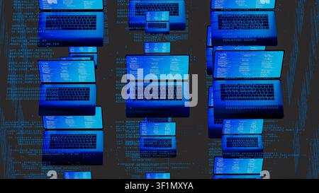 Multiple laptops with code on screens float in a digital environment, highlighting network technology. The scene shows a tech-inspired concept. Stock Photo