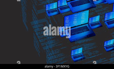 Multiple laptops with code on screens float in a digital environment, highlighting network technology. The scene shows a tech-inspired concept. Stock Photo