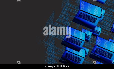 Multiple laptops with code on screens float in a digital environment, highlighting network technology. The scene shows a tech-inspired concept. Stock Photo