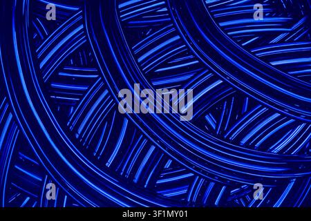 Abstract futuristic background with bright blue neon light trails and curved lines over a dark surface, creating a dynamic tech pattern with glowing s Stock Photo