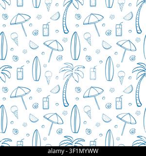 Seamless pattern with beach vacation. Hand drawn doodle summer vacation elements with palm tree, cocktail, umbrella, surfboard, ice cream, seashells. Stock Vector