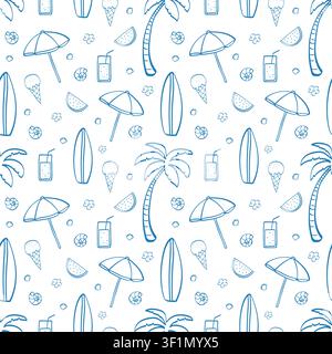 Seamless pattern with beach vacation. Hand drawn doodle summer vacation elements with palm tree, cocktail, umbrella, surfboard, ice cream, seashells. Stock Vector