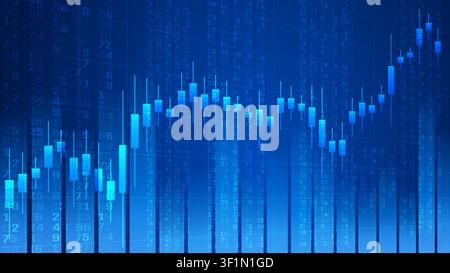 Professional stock market illustration featuring blue candlestick charts, glowing financial data, and digital number overlays. Perfect for investment, Stock Vector