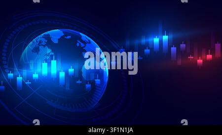 Futuristic financial illustration featuring a glowing world globe combined with blue and pink candlestick charts on a digital trading interface. Stock Vector