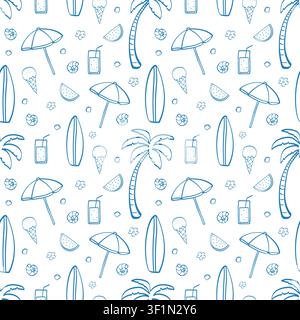 Seamless pattern with beach vacation. Hand drawn doodle summer vacation elements with palm tree, cocktail, umbrella, surfboard, ice cream, seashells. Stock Vector