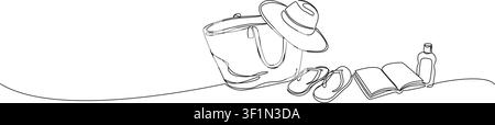 continuous line drawing of summer beach essentials with a beach bag, sun hat, flip flops, book, and sunscreen bottle, inimalist vacation and travel Stock Vector