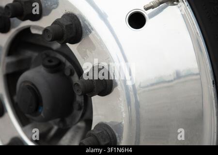 Close-up of a Semi Truck Wheel Stock Photo