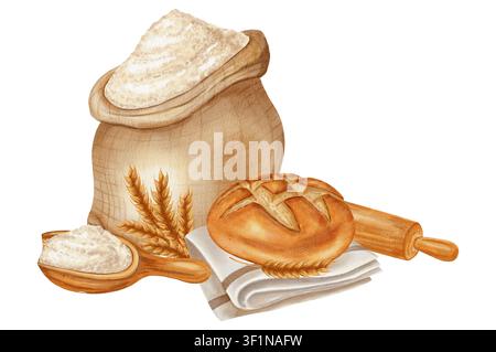 Watercolor illustration featuring a sack of flour, a rolling pin, ears of wheat, and a loaf of fresh bread on a napkin. Perfect for bakery branding, m Stock Photo