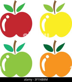Simple, colorful apple vector design, 2D flat vector red, yellow, orange, green apple illustration icon isolated on a white background. Stock Vector