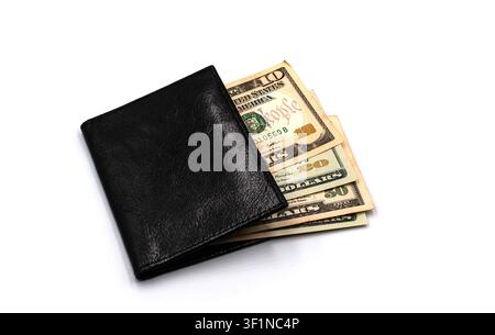 Black leather wallet with US dollar bills on white background Stock Photo