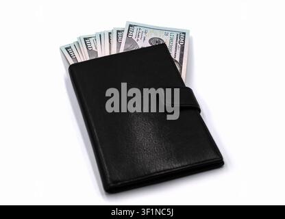 Black leather wallet full of hundred dollar bills on white background Stock Photo